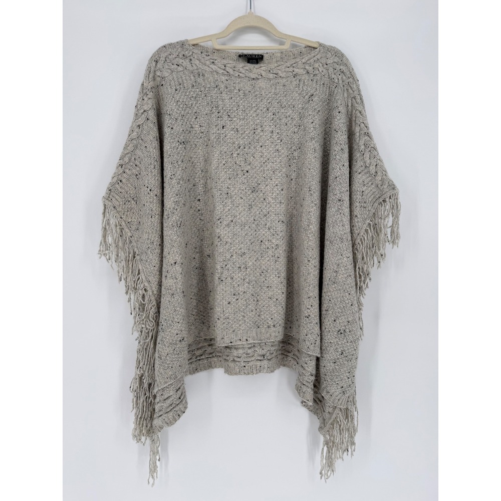 Lauren Ralph Lauren Women's Fringe Wool Blend Poncho OS Oatmeal Cable Old Money